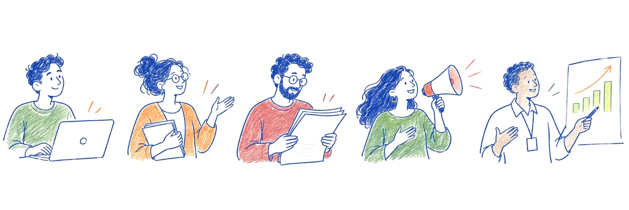 Five sketched people: a product manager at a laptop, a teacher with notes, a researcher reading a paper, a marketer with a megaphone, and a trainer pointing at a chart