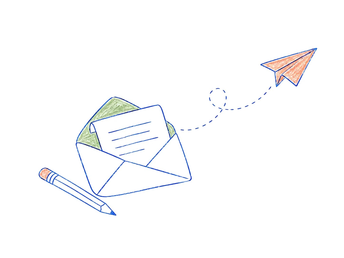An open envelope with a letter, a pencil beside it, and a paper plane taking off along a dotted trail