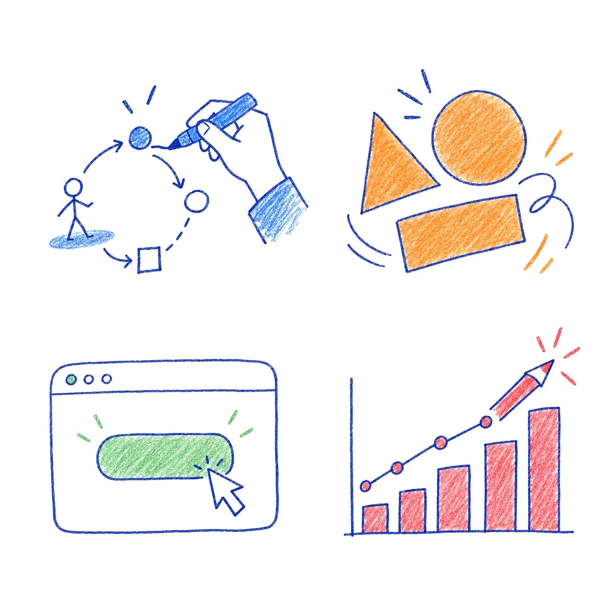 Four sketches: a hand drawing a whiteboard diagram, bold motion-graphic shapes, an app window with a cursor on a button, and a rising bar chart