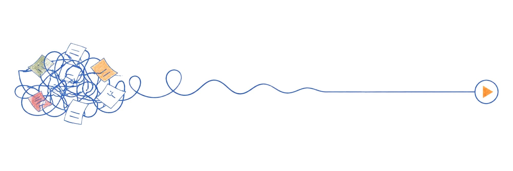A tangled line of loose pages straightens out into a single line that ends in a play button